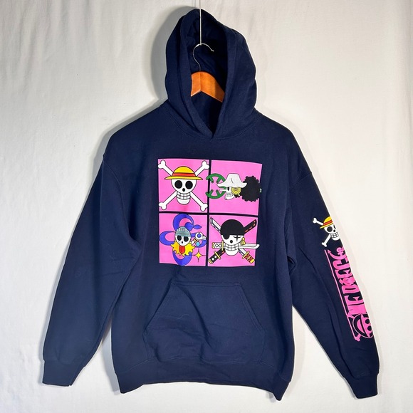 One Piece Tops - One Piece Anime Hoodie Navy Blue Pink Jolly Roger Graphic Sweatshirt Medium